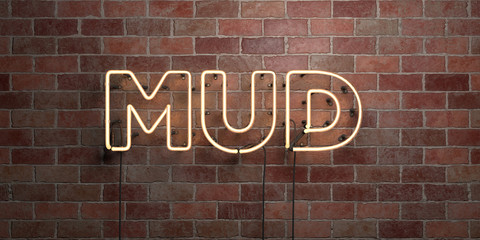 MUD - fluorescent Neon tube Sign on brickwork - Front view - 3D rendered royalty free stock picture. Can be used for online banner ads and direct mailers..