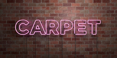 CARPET - fluorescent Neon tube Sign on brickwork - Front view - 3D rendered royalty free stock picture. Can be used for online banner ads and direct mailers..