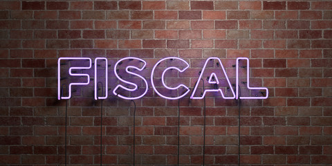FISCAL - fluorescent Neon tube Sign on brickwork - Front view - 3D rendered royalty free stock picture. Can be used for online banner ads and direct mailers..
