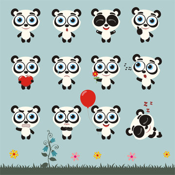 Big set cute little panda bear. Collection isolated cartoon panda bear in different poses.