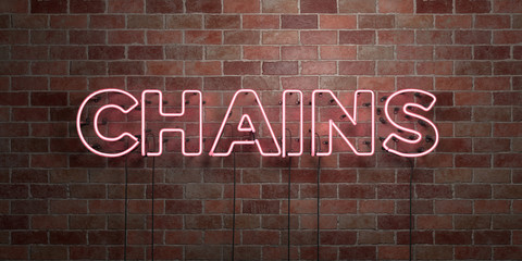CHAINS - fluorescent Neon tube Sign on brickwork - Front view - 3D rendered royalty free stock picture. Can be used for online banner ads and direct mailers..