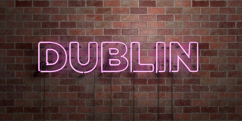 Fototapeta na wymiar DUBLIN - fluorescent Neon tube Sign on brickwork - Front view - 3D rendered royalty free stock picture. Can be used for online banner ads and direct mailers..