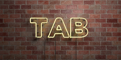 TAB - fluorescent Neon tube Sign on brickwork - Front view - 3D rendered royalty free stock picture. Can be used for online banner ads and direct mailers..