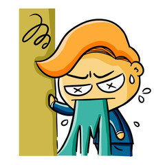 Funny businessman getting headache, get sick and throw up - vector.