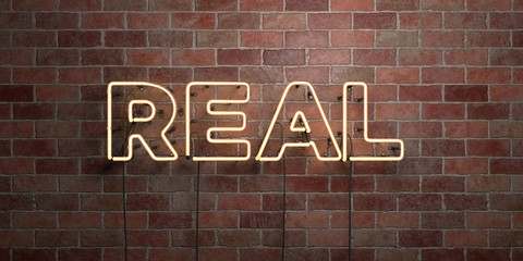 REAL - fluorescent Neon tube Sign on brickwork - Front view - 3D rendered royalty free stock picture. Can be used for online banner ads and direct mailers..