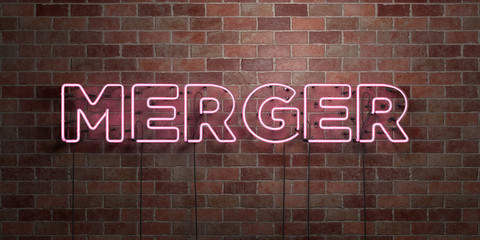 MERGER - fluorescent Neon tube Sign on brickwork - Front view - 3D rendered royalty free stock picture. Can be used for online banner ads and direct mailers..