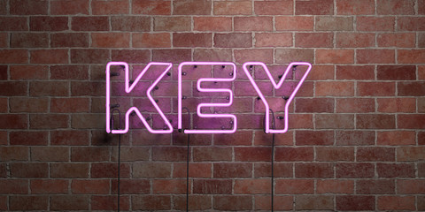 KEY - fluorescent Neon tube Sign on brickwork - Front view - 3D rendered royalty free stock picture. Can be used for online banner ads and direct mailers..