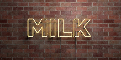 MILK - fluorescent Neon tube Sign on brickwork - Front view - 3D rendered royalty free stock picture. Can be used for online banner ads and direct mailers..