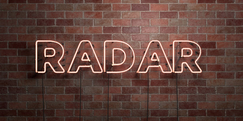 RADAR - fluorescent Neon tube Sign on brickwork - Front view - 3D rendered royalty free stock picture. Can be used for online banner ads and direct mailers..