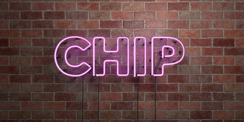 Obraz premium CHIP - fluorescent Neon tube Sign on brickwork - Front view - 3D rendered royalty free stock picture. Can be used for online banner ads and direct mailers..