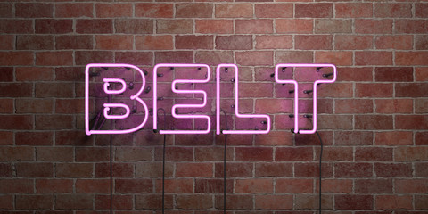 BELT - fluorescent Neon tube Sign on brickwork - Front view - 3D rendered royalty free stock picture. Can be used for online banner ads and direct mailers..