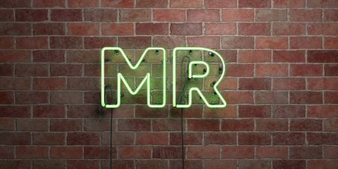 MR - fluorescent Neon tube Sign on brickwork - Front view - 3D rendered royalty free stock picture. Can be used for online banner ads and direct mailers..