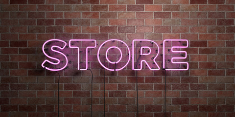 STORE - fluorescent Neon tube Sign on brickwork - Front view - 3D rendered royalty free stock picture. Can be used for online banner ads and direct mailers..
