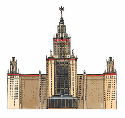 Hand drawn sketch architecture illustration of Moscow State University Russia colored vector