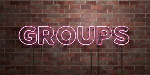 GROUPS - fluorescent Neon tube Sign on brickwork - Front view - 3D rendered royalty free stock picture. Can be used for online banner ads and direct mailers..
