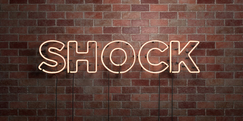 SHOCK - fluorescent Neon tube Sign on brickwork - Front view - 3D rendered royalty free stock picture. Can be used for online banner ads and direct mailers..
