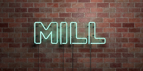 MILL - fluorescent Neon tube Sign on brickwork - Front view - 3D rendered royalty free stock picture. Can be used for online banner ads and direct mailers..