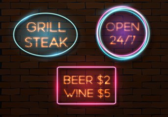 Obraz premium Illustration of Vintage Neon Banner Template. Vector Neon Quote Frame. Bar Advertising Neon Billboard