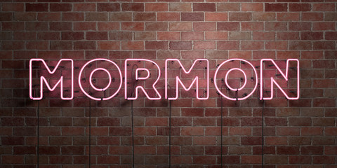 MORMON - fluorescent Neon tube Sign on brickwork - Front view - 3D rendered royalty free stock picture. Can be used for online banner ads and direct mailers..