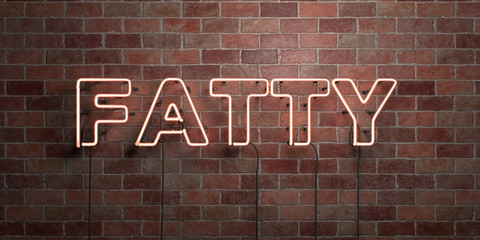 FATTY - fluorescent Neon tube Sign on brickwork - Front view - 3D rendered royalty free stock picture. Can be used for online banner ads and direct mailers..