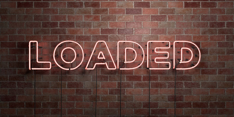 LOADED - fluorescent Neon tube Sign on brickwork - Front view - 3D rendered royalty free stock picture. Can be used for online banner ads and direct mailers..