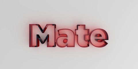 Mate - Red glass text on white background - 3D rendered royalty free stock image.