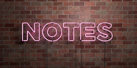 NOTES - fluorescent Neon tube Sign on brickwork - Front view - 3D rendered royalty free stock picture. Can be used for online banner ads and direct mailers..