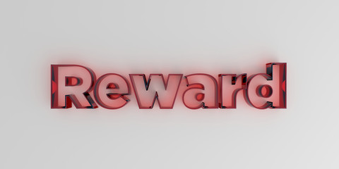 Reward - Red glass text on white background - 3D rendered royalty free stock image.