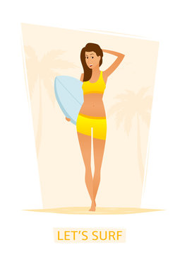 Surfer girl with surf board on the beach. Vector illustration of cartoon woman. Concept of summer vacation on the sea.