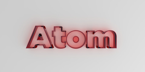 Atom - Red glass text on white background - 3D rendered royalty free stock image.