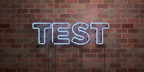 TEST - fluorescent Neon tube Sign on brickwork - Front view - 3D rendered royalty free stock picture. Can be used for online banner ads and direct mailers..