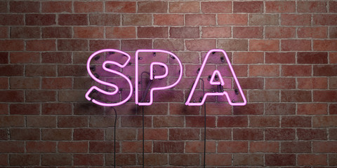 SPA - fluorescent Neon tube Sign on brickwork - Front view - 3D rendered royalty free stock picture. Can be used for online banner ads and direct mailers..