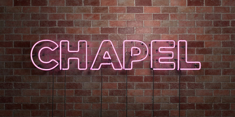 CHAPEL - fluorescent Neon tube Sign on brickwork - Front view - 3D rendered royalty free stock picture. Can be used for online banner ads and direct mailers..