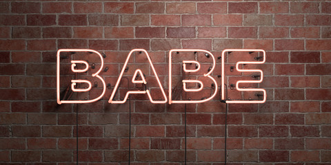 BABE - fluorescent Neon tube Sign on brickwork - Front view - 3D rendered royalty free stock picture. Can be used for online banner ads and direct mailers..