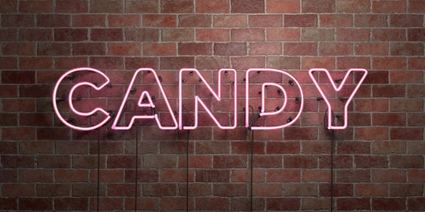 CANDY - fluorescent Neon tube Sign on brickwork - Front view - 3D rendered royalty free stock picture. Can be used for online banner ads and direct mailers..