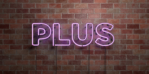 Fototapeta na wymiar PLUS - fluorescent Neon tube Sign on brickwork - Front view - 3D rendered royalty free stock picture. Can be used for online banner ads and direct mailers..