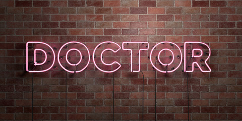 DOCTOR - fluorescent Neon tube Sign on brickwork - Front view - 3D rendered royalty free stock picture. Can be used for online banner ads and direct mailers..