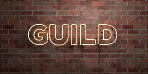 Fototapeta na wymiar GUILD - fluorescent Neon tube Sign on brickwork - Front view - 3D rendered royalty free stock picture. Can be used for online banner ads and direct mailers..