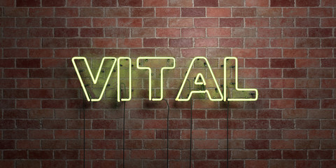 VITAL - fluorescent Neon tube Sign on brickwork - Front view - 3D rendered royalty free stock picture. Can be used for online banner ads and direct mailers..