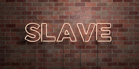 SLAVE - fluorescent Neon tube Sign on brickwork - Front view - 3D rendered royalty free stock picture. Can be used for online banner ads and direct mailers..