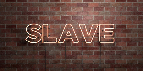Obraz premium SLAVE - fluorescent Neon tube Sign on brickwork - Front view - 3D rendered royalty free stock picture. Can be used for online banner ads and direct mailers..