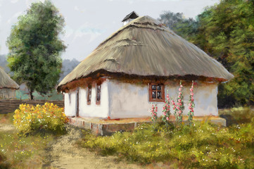 Fototapeta na wymiar flowers, ukrainian landscape, house, paintings