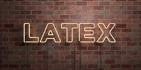 LATEX - fluorescent Neon tube Sign on brickwork - Front view - 3D rendered royalty free stock picture. Can be used for online banner ads and direct mailers..