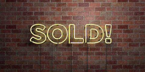 Fototapeta na wymiar SOLD! - fluorescent Neon tube Sign on brickwork - Front view - 3D rendered royalty free stock picture. Can be used for online banner ads and direct mailers..