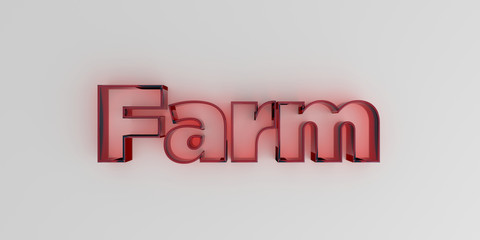 Farm - Red glass text on white background - 3D rendered royalty free stock image.
