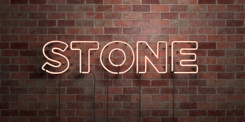 STONE - fluorescent Neon tube Sign on brickwork - Front view - 3D rendered royalty free stock picture. Can be used for online banner ads and direct mailers..