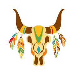 Buffalo Bull Scull Decorated With Painting And Feathers, Native Indian Culture Inspired Boho Ethnic Style Print