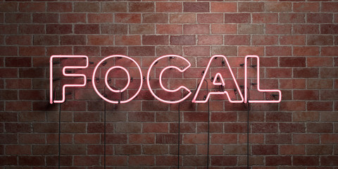 FOCAL - fluorescent Neon tube Sign on brickwork - Front view - 3D rendered royalty free stock picture. Can be used for online banner ads and direct mailers..