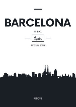 Poster city skyline Barcelona, Flat style vector illustration