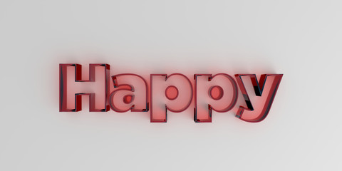 Happy - Red glass text on white background - 3D rendered royalty free stock image.